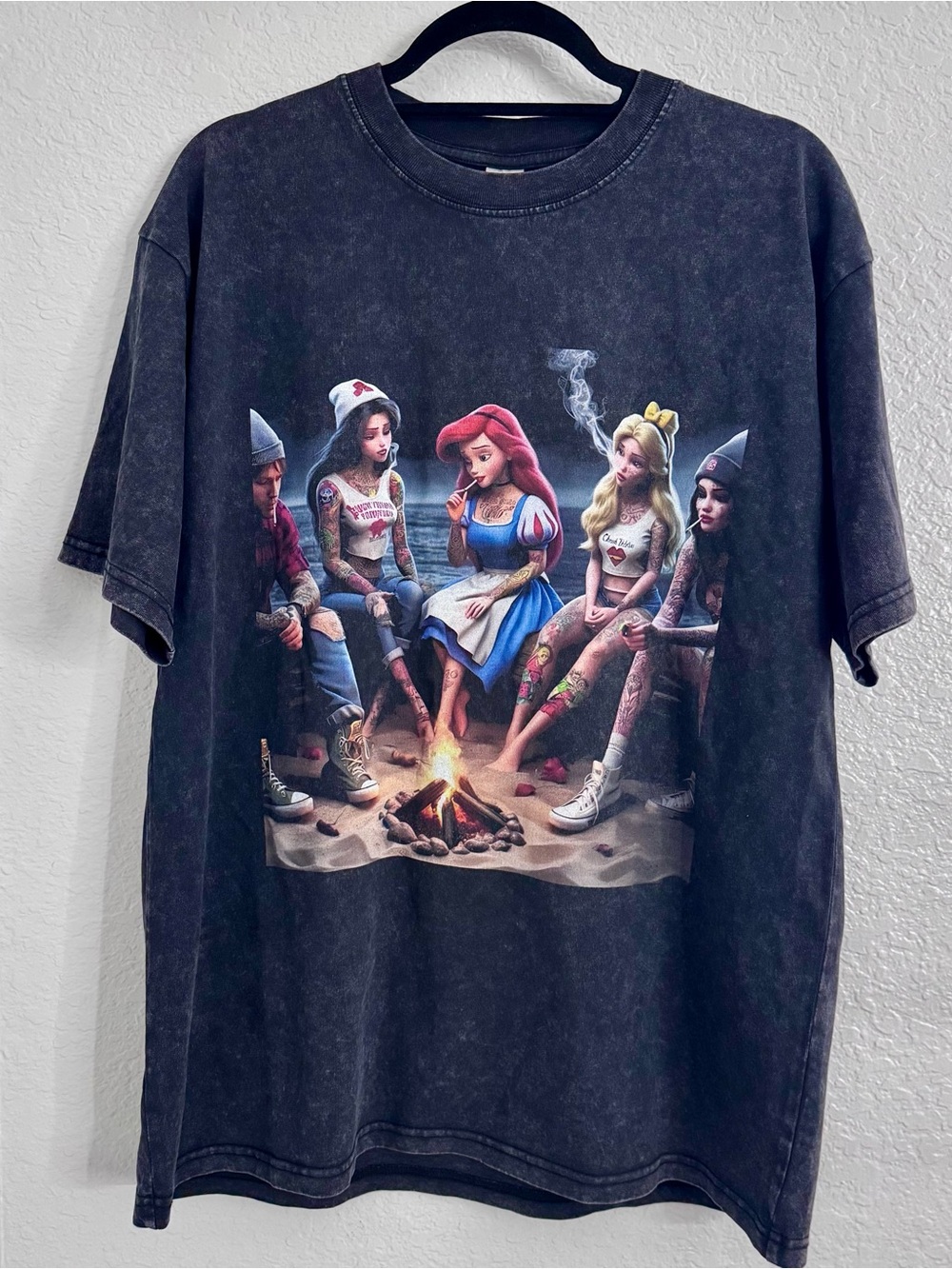 Oversized Black Graphic Tee with Retro Princess Campfire Artwork